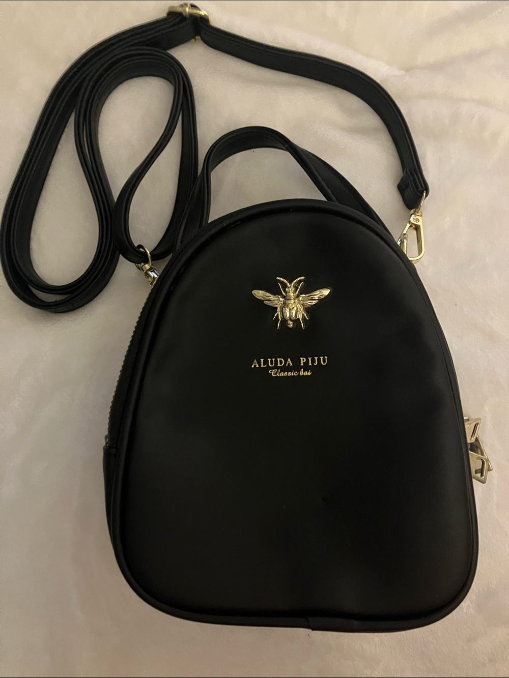 Black Crossbody Bag with Gold Bee Accent
